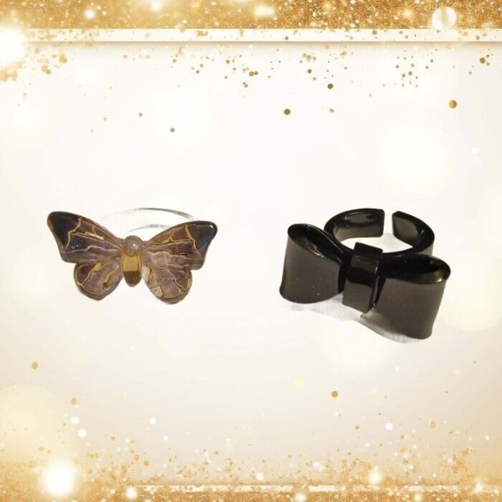 2 Rings Black Tipped Butterfly & Black Bow Resin Ring